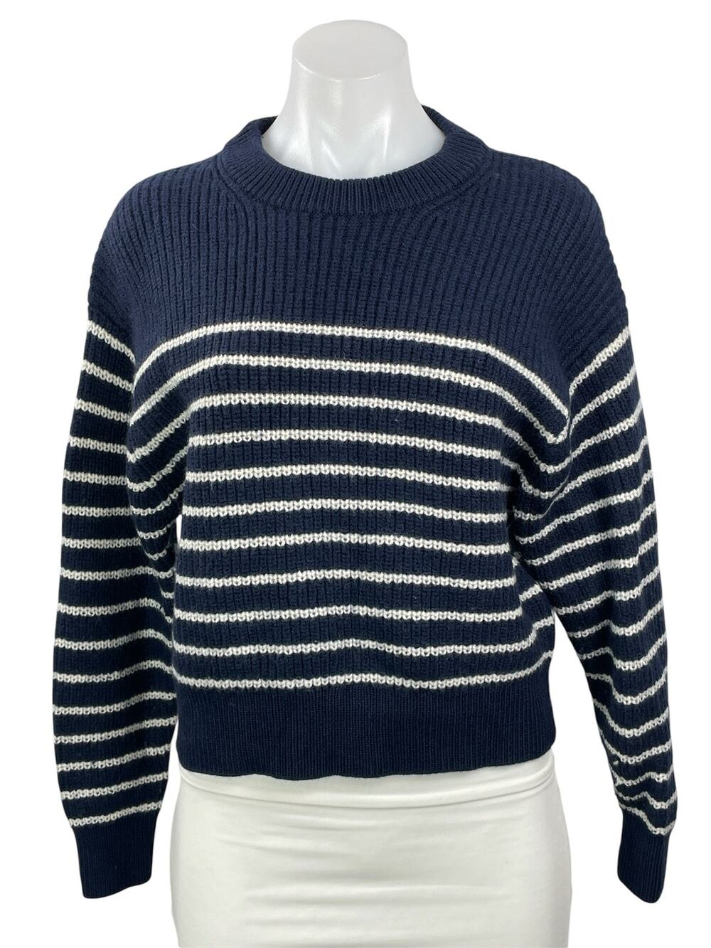 Aritzia Wilfred Maria 100% Wool Navy Blue White Striped Pullover Sweater Top M